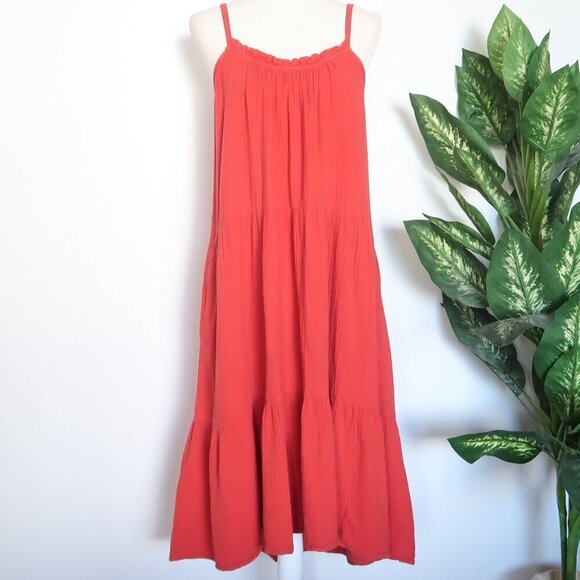 Xirena Cara Red Cotton Gauze Tiered Spaghetti Strap Sleeveless Midi Dress Medium - Picture 7 of 16